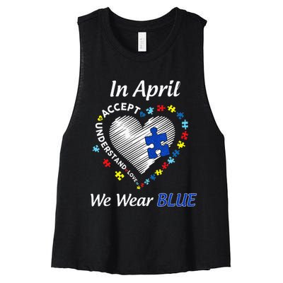 Autism Rainbow In April We Wear Blue Autism Awareness Month Women's Racerback Cropped Tank