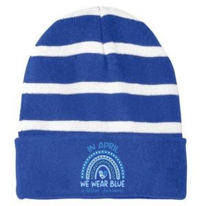 Autism Rainbow In April We Wear Blue Autism Awareness Month Gift Striped Beanie with Solid Band