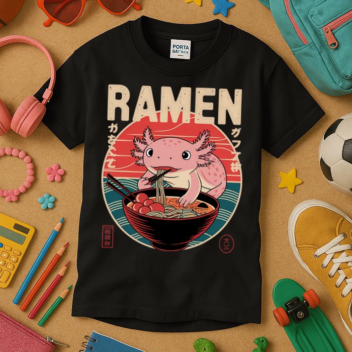 Axolotl Ramen Japanese Noodles Kawaii Anime Axolotl Kids T-Shirt