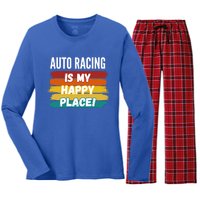 Auto Racing Lover Funny Gift Auto Racing Is My Happy Place Gift Women's Long Sleeve Flannel Pajama Set 