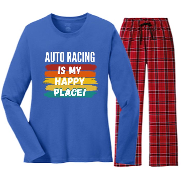 Auto Racing Lover Funny Gift Auto Racing Is My Happy Place Gift Women's Long Sleeve Flannel Pajama Set 