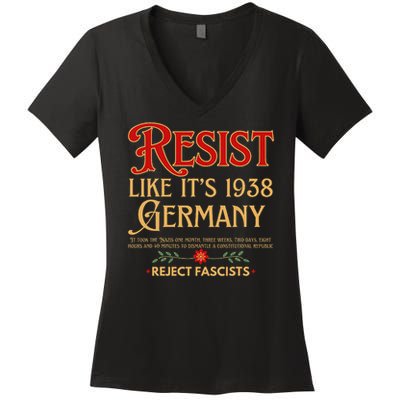Anti-Fascism Resist Like Its 1938 Germany Reject Fascism Women's V-Neck T-Shirt