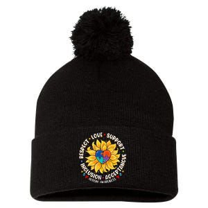 Autism  Respect Love Support Autism Awareness Pom Pom 12in Knit Beanie