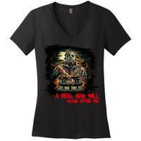 A Real Man Will Chase After You Horror Movie Women's V-Neck T-Shirt
