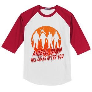 A Real Man Will Chase After You Halloween Horor Movie Retro Kids Colorblock Raglan Jersey