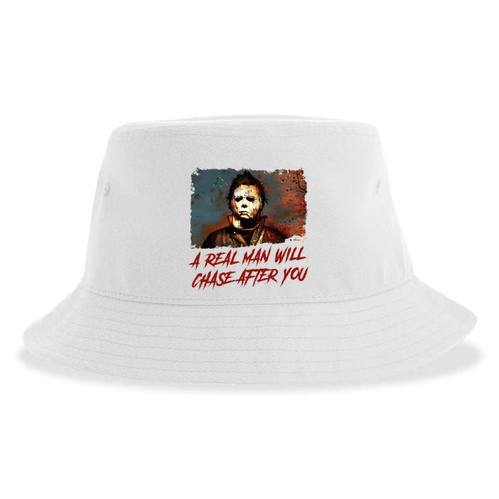 A Real Man Will Chase After You Horror Character Halloween Killer Sustainable Bucket Hat