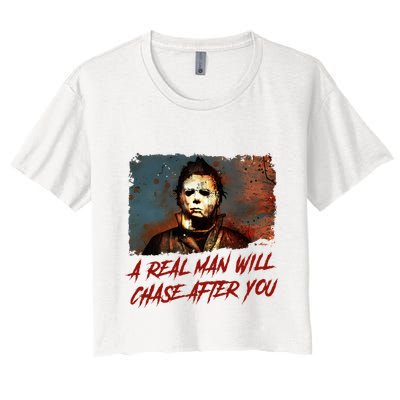 A Real Man Will Chase After You Horror Character Halloween Killer Crop Top