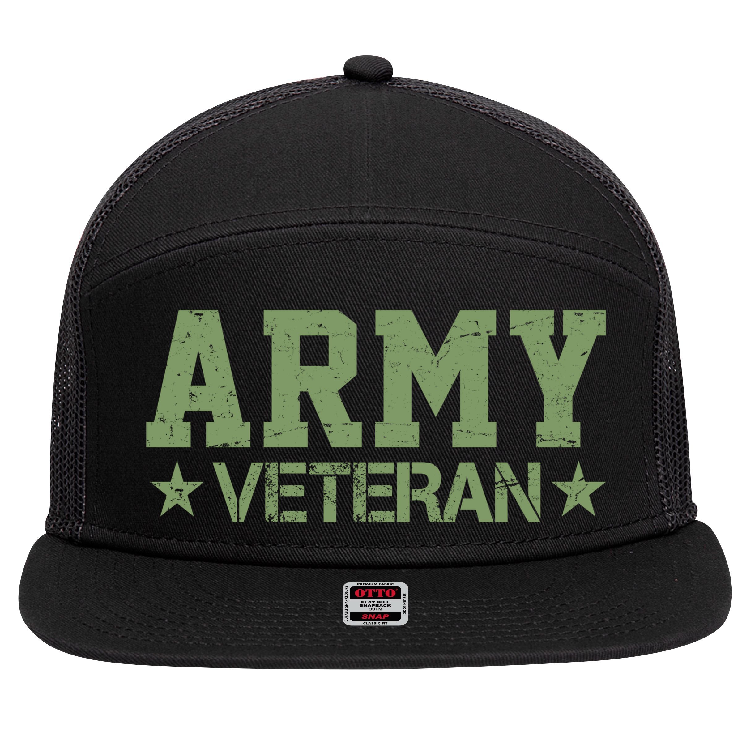 Army Veteran Distress Logo 7 Panel Mesh Trucker Snapback Hat