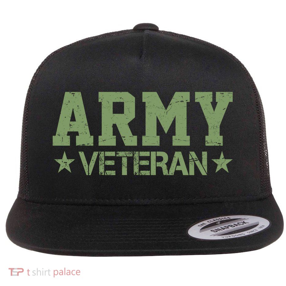 Army Veteran Distress Logo Flat Bill Trucker Hat