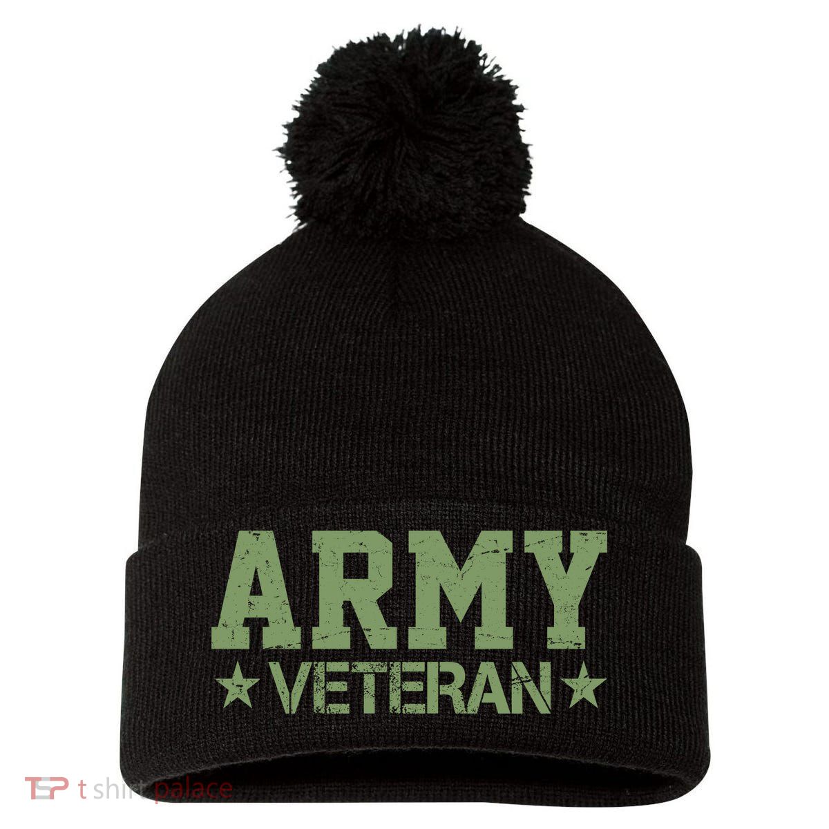 Army Veteran Distress Logo Pom Pom 12in Knit Beanie