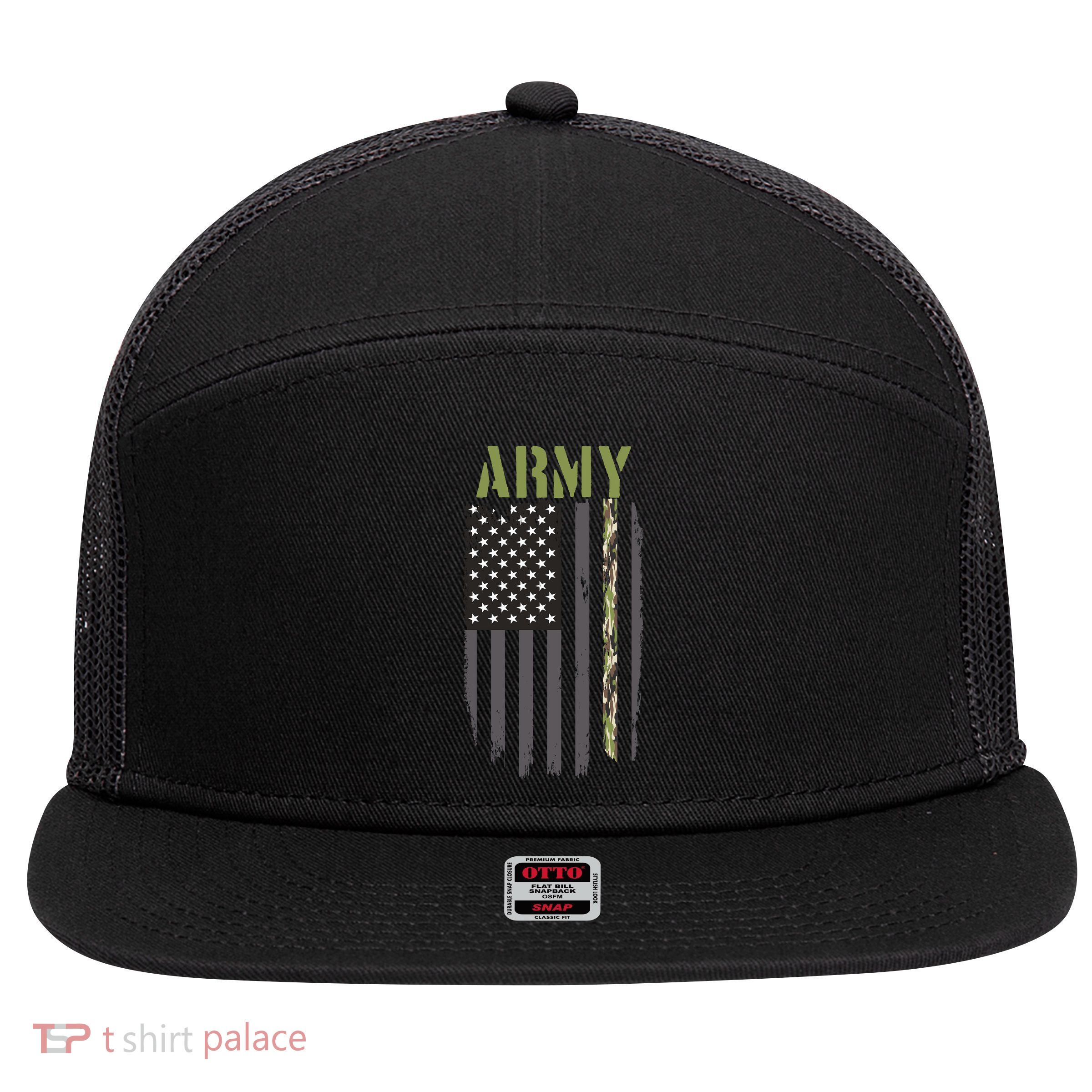 Army Veteran Thin Camo Line Flag 7 Panel Mesh Trucker Snapback Hat