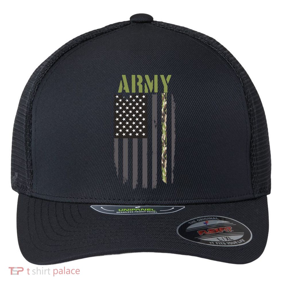 Army Veteran Thin Camo Line Flag Flexfit Unipanel Trucker Cap