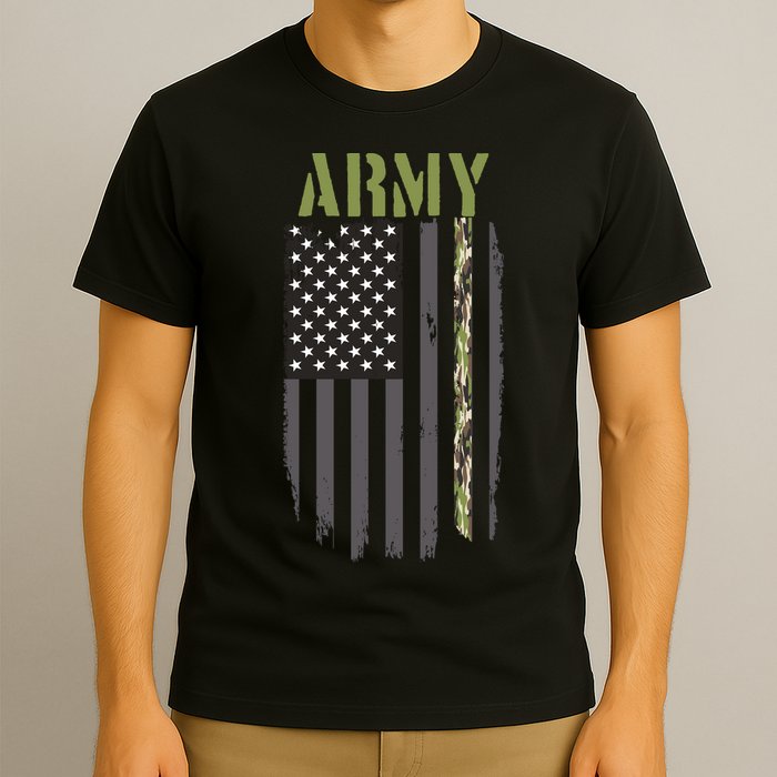 Army Veteran Thin Camo Line Flag T-Shirt