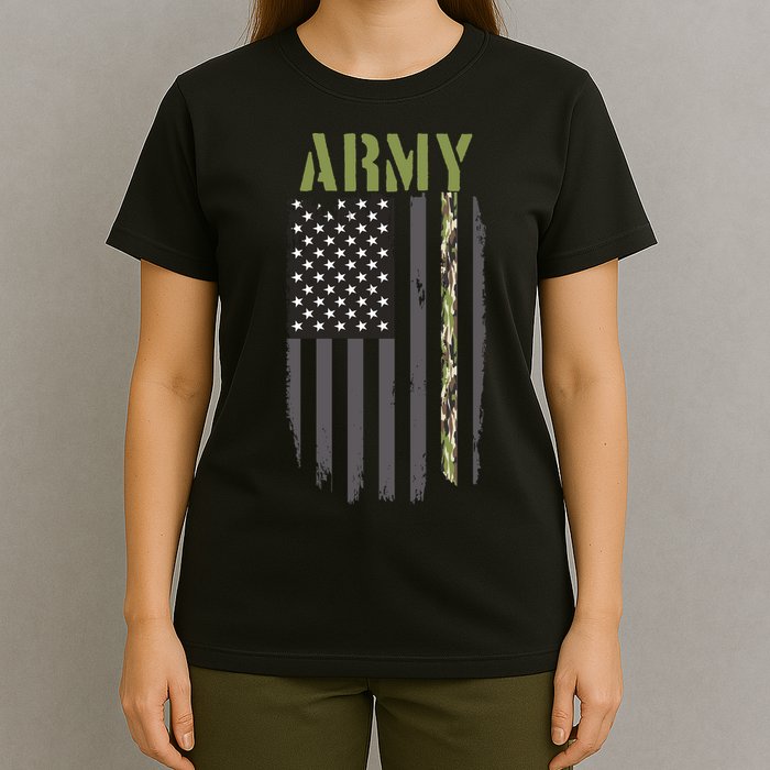 Army Veteran Thin Camo Line Flag T-Shirt