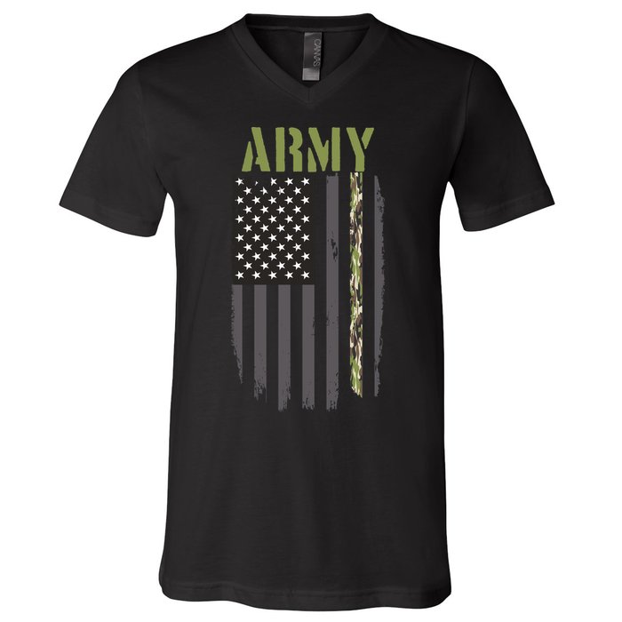 Army Veteran Thin Camo Line Flag V-Neck T-Shirt