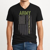 Army Veteran Thin Camo Line Flag V-Neck T-Shirt
