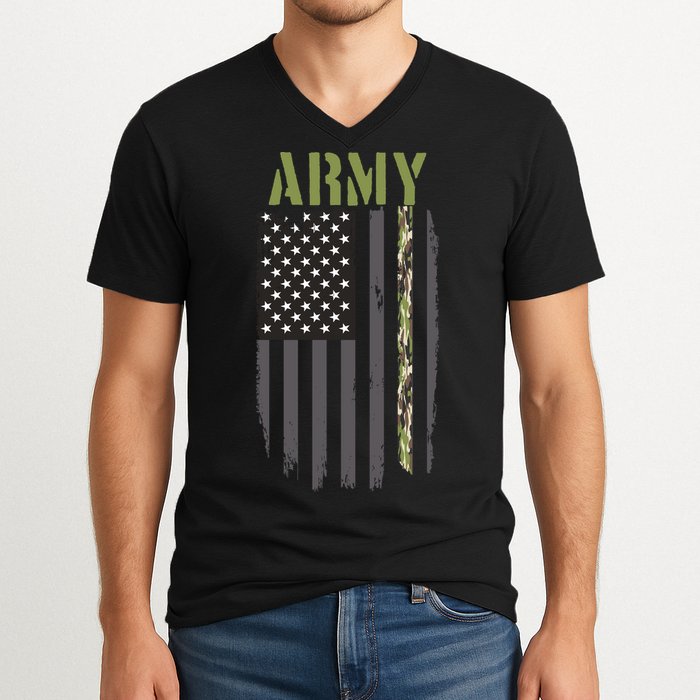 Army Veteran Thin Camo Line Flag V-Neck T-Shirt
