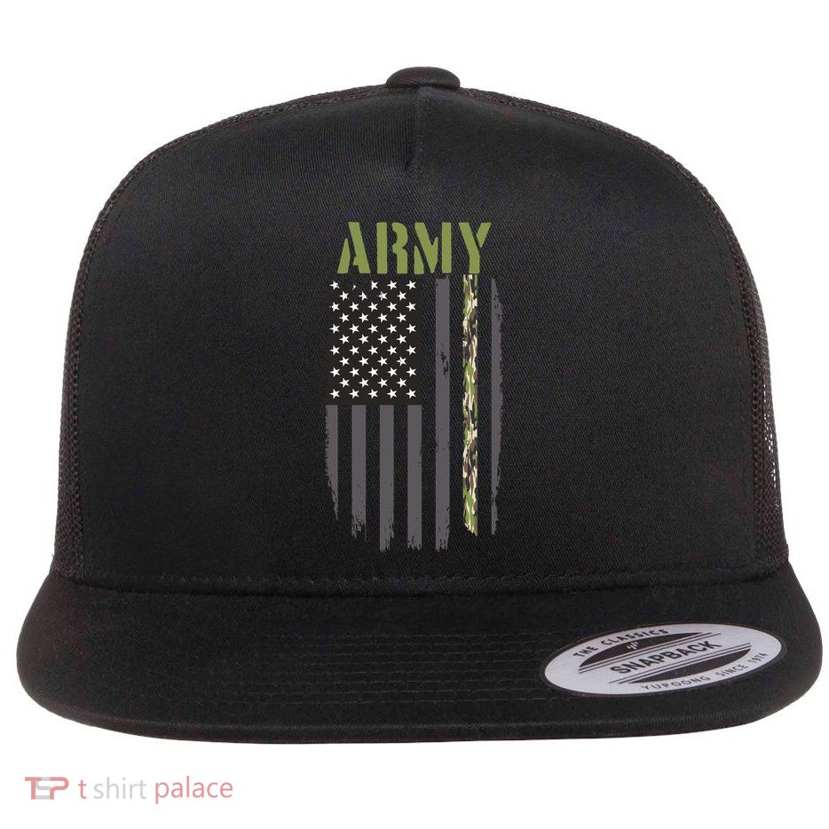 Army Veteran Thin Camo Line Flag Flat Bill Trucker Hat