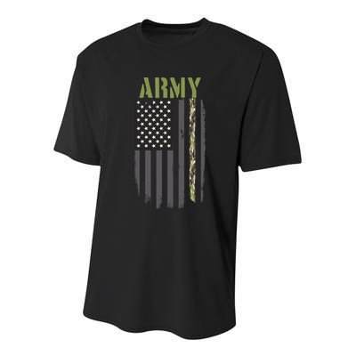 Army Veteran Thin Camo Line Flag Youth Performance Sprint T-Shirt