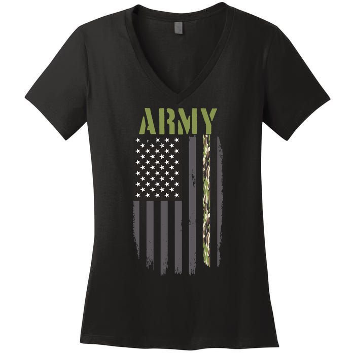 Army Veteran Thin Camo Line Flag Women's V-Neck T-Shirt