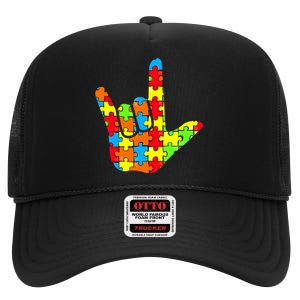 Autism Rock On Hand High Crown Mesh Back Trucker Hat