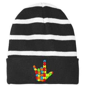 Autism Rock On Hand Striped Beanie with Solid Band