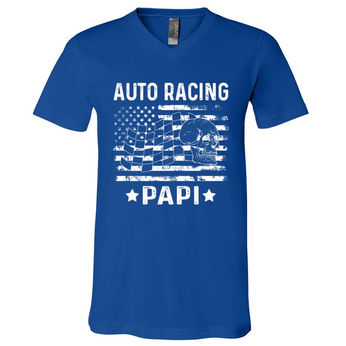 Auto Racing Papi Dad Usa Flag 4th Of July Gift V-Neck T-Shirt