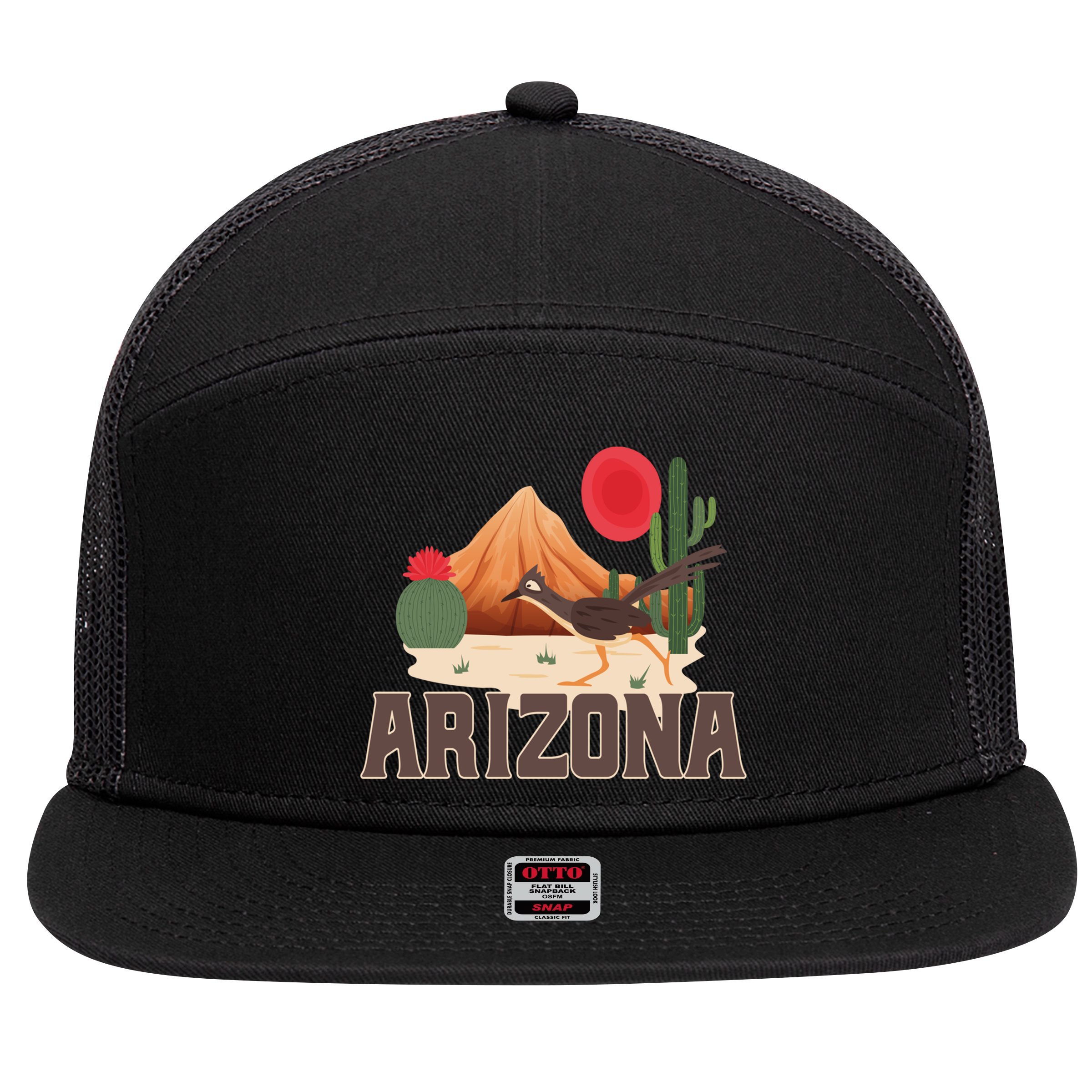 Arizona Roadrunner Retro Boho Desert Cactus Cute Gift 7 Panel Mesh Trucker Snapback Hat