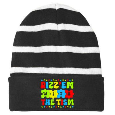 Autistic Rizz Rizzem With The Tism Meme Autism Awareness Striped Beanie with Solid Band