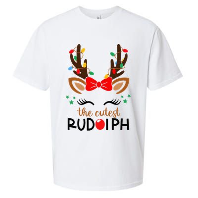 Adorable Rudolph Reindeer Christmas Pajama with Festive Lights Sueded Cloud Jersey T-Shirt