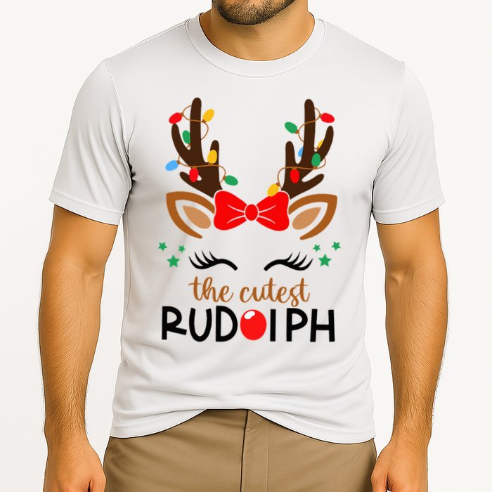 Adorable Rudolph Reindeer Christmas Pajama with Festive Lights Cooling Performance Crew T-Shirt