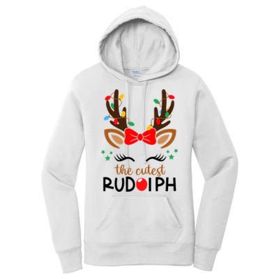 Adorable Rudolph Reindeer Christmas Pajama with Festive Lights Women's Pullover Hoodie