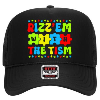 Autistic Rizz Rizzem With The Tism Meme Autism Awareness High Crown Mesh Back Trucker Hat