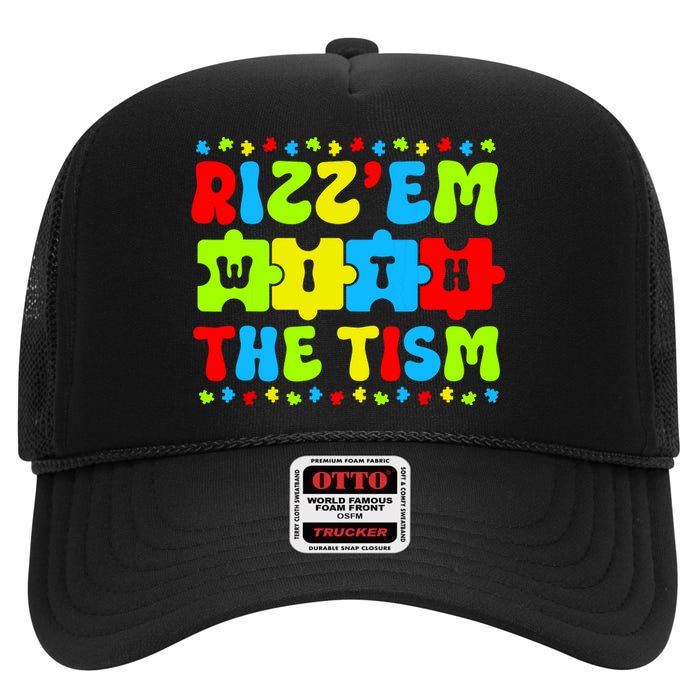 Autistic Rizz Rizzem With The Tism Meme Autism Awareness High Crown Mesh Back Trucker Hat