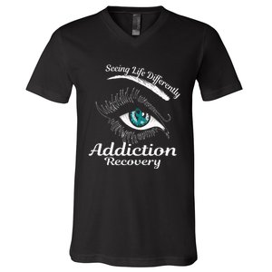 Addiction Recovery Ribbon Recovered To Addiction V-Neck T-Shirt