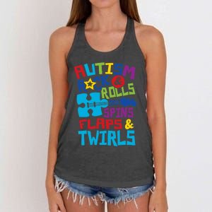 Autism rock rolls spins flaps twirls Women's Knotted Racerback Tank