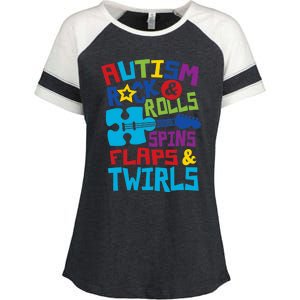 Autism rock rolls spins flaps twirls Enza Ladies Jersey Colorblock Tee