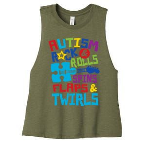 Autism rock rolls spins flaps twirls Women's Racerback Cropped Tank