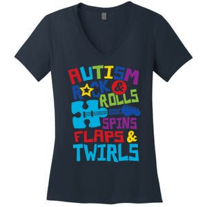 Autism rock rolls spins flaps twirls Women's V-Neck T-Shirt