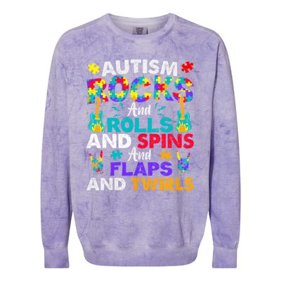 Autism Rocks Rolls Spins Flaps Awareness Colorblast Crewneck Sweatshirt