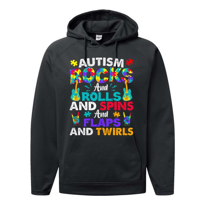 Autism Rocks Rolls Spins Flaps Awareness Performance Fleece Hoodie