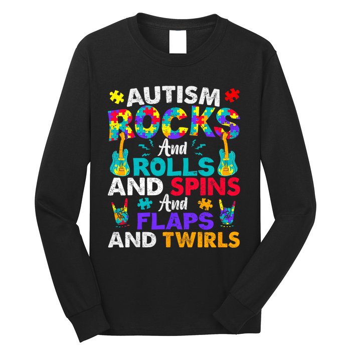 Autism Rocks Rolls Spins Flaps Awareness Long Sleeve Shirt