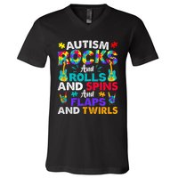 Autism Rocks Rolls Spins Flaps Awareness V-Neck T-Shirt