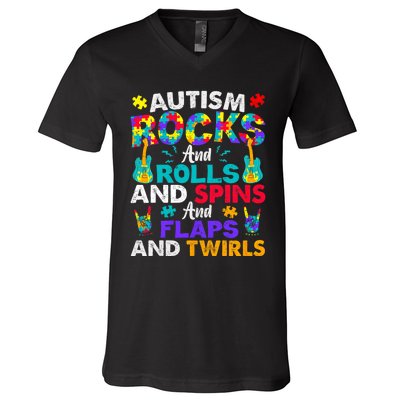 Autism Rocks Rolls Spins Flaps Awareness V-Neck T-Shirt