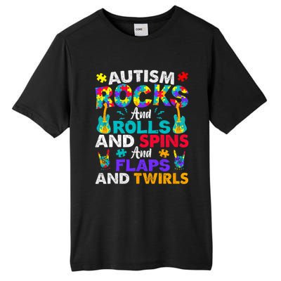 Autism Rocks Rolls Spins Flaps Awareness Tall Fusion ChromaSoft Performance T-Shirt