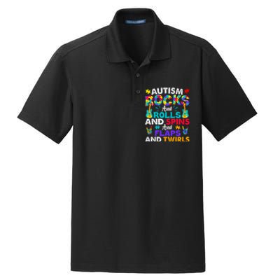 Autism Rocks Rolls Spins Flaps Awareness Dry Zone Grid Polo