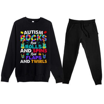 Autism Rocks Rolls Spins Flaps Awareness Premium Crewneck Sweatsuit Set