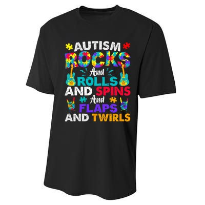 Autism Rocks Rolls Spins Flaps Awareness Performance Sprint T-Shirt