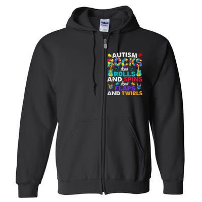 Autism Rocks Rolls Spins Flaps Awareness Full Zip Hoodie