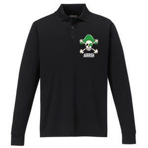 Arrrish Irish Clover skull St Patricks Day Performance Long Sleeve Polo